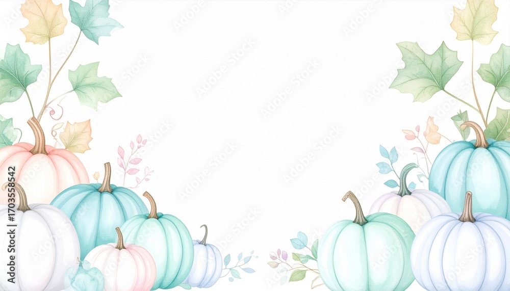 Obraz premium Pastel Watercolor Pumpkins with Autumn Leaves Decorative Border Design