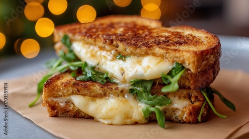 Close up of a gourmet toastie featuring gooey melted cheese and fresh arugula, beautifully toasted bread, with a warm, inviting ambiance in the background
