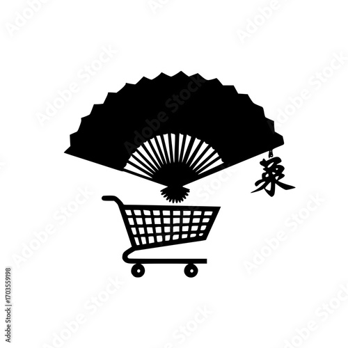 Traditional Chinese fan in shopping cart vector illustration for cultural market and retail design