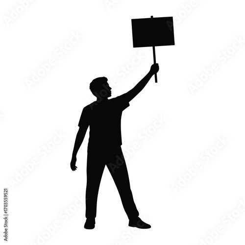 Silhouette of a person holding a blank sign aloft in protest or demonstration