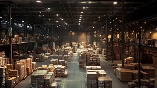 A large warehouse with rows of boxes and pallets stacked neatly under bright lights.