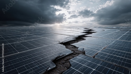 Solar panels fractured by a massive chasm under a stormy sky