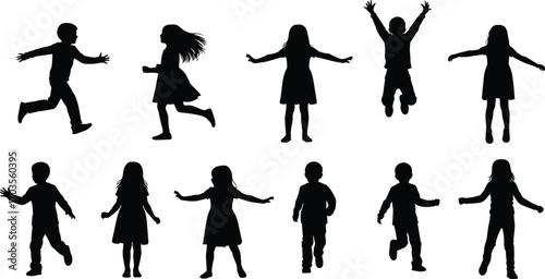 Silhouette of children playing, running, jumping, dancing, happy kids isolated on white background, childhood fun, freedom, lifestyle, activity, joy