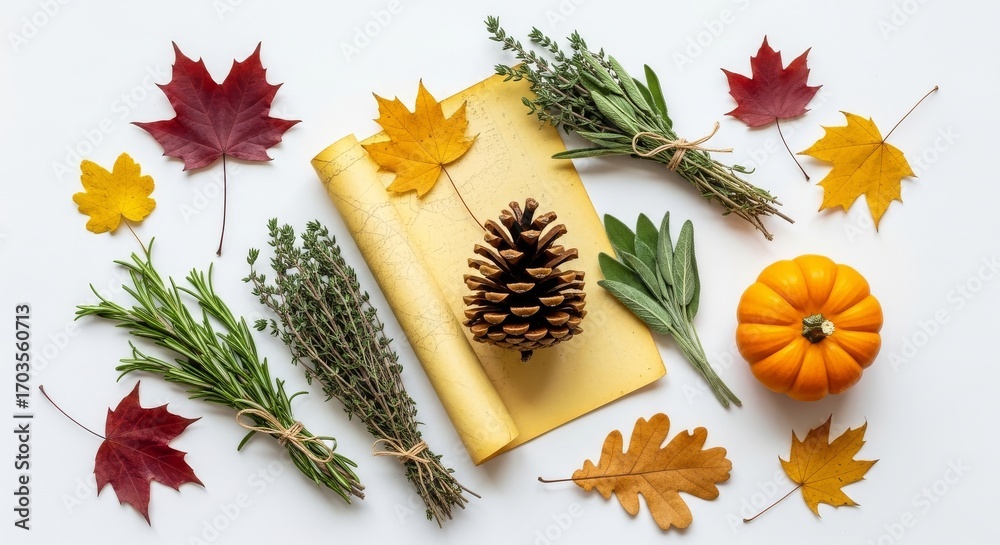 Fototapeta premium Autumnal Arrangement of Leaves, Herbs, and Pumpkin.