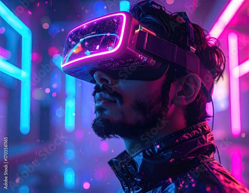 Man Immersed in Futuristic VR Gaming Experience
