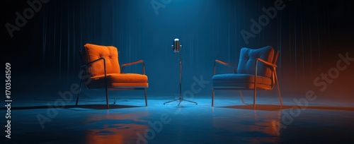 Two chairs, a microphone, and a stage