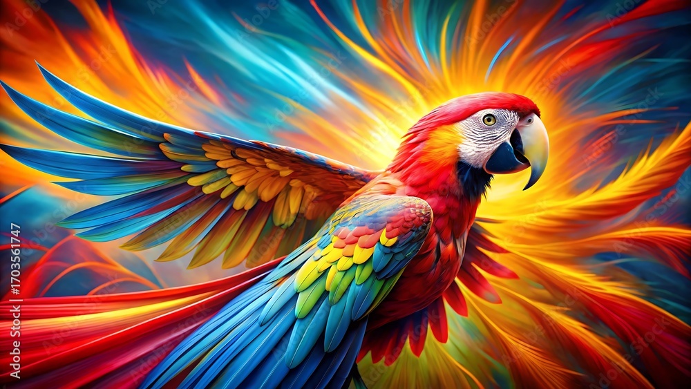 Obraz premium Vibrant macaw parrot with outstretched wings against a fiery, abstract background, symbolizing freedom and energy