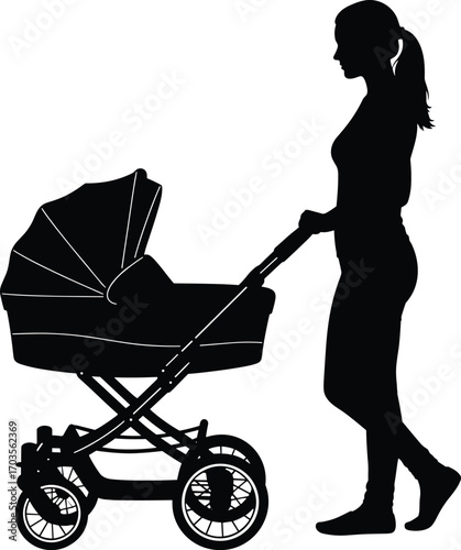 Silhouette of young mother pushing modern baby stroller, concept of motherhood, childcare, walking, parenting, maternity, and daily routine vector