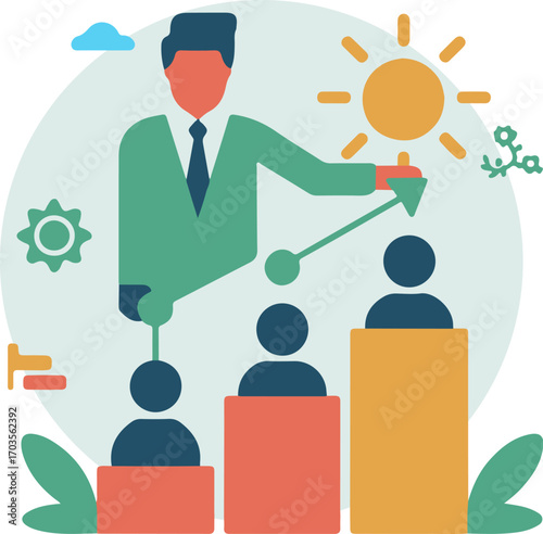 Flat design mentor guiding team members towards success and innovation in business vector . eps