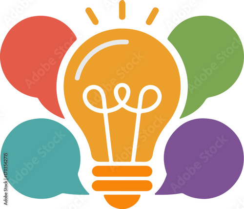 Flat design icon of shared idea light bulb with colorful speech bubbles representing collaboration and innovation vector . eps