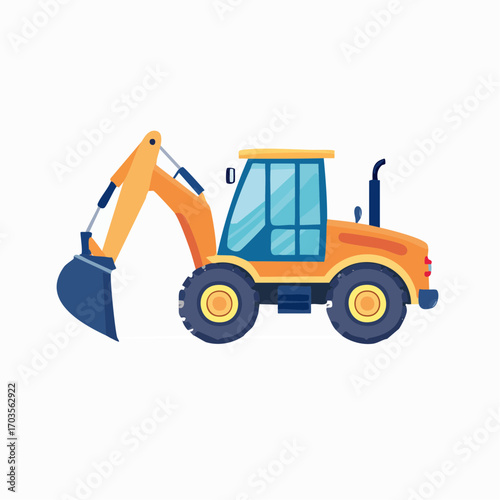 Backhoe Loader Illustration in Flat Vector Industrial Construction Vehicle Design
