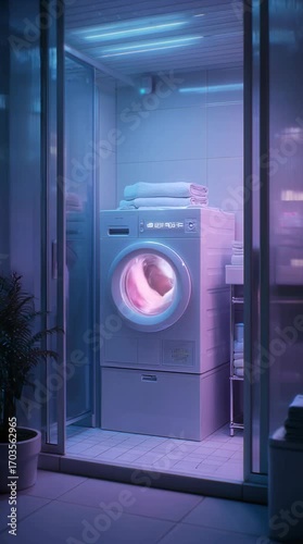 A white washing machine glows under pink and blue neon lights in a small, glass walled laundry room. Clean lines and minimalist design. 