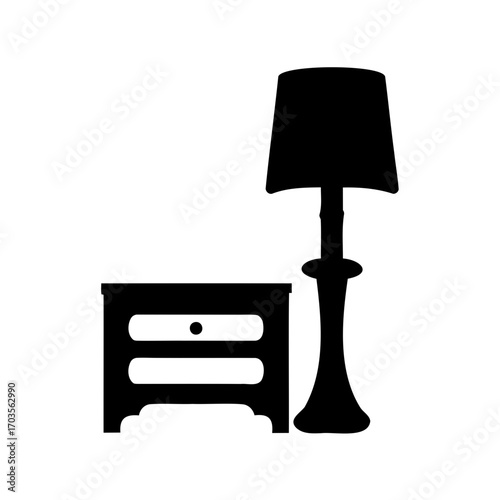 Black Silhouette Illustration of a Nightstand and Lamp on a White Background