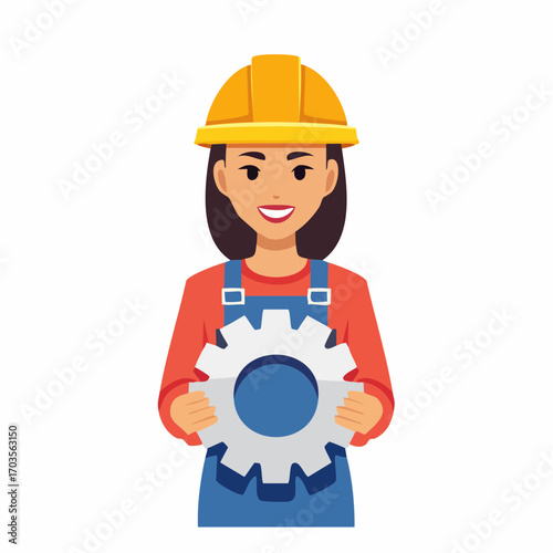 Female Worker Holding Gear Illustration in Flat Vector Industrial Design
