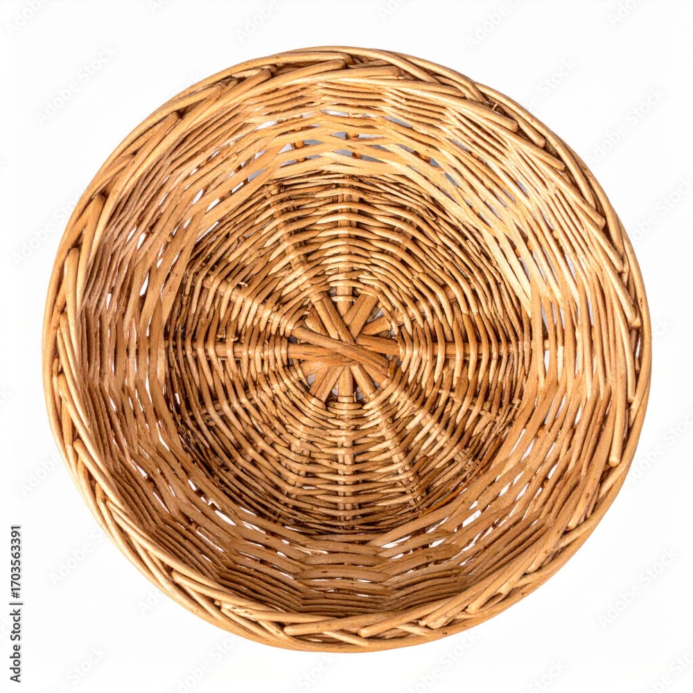 Fototapeta premium Woven Wicker Basket with Intricate Brown Weave and Circular Design on White Background