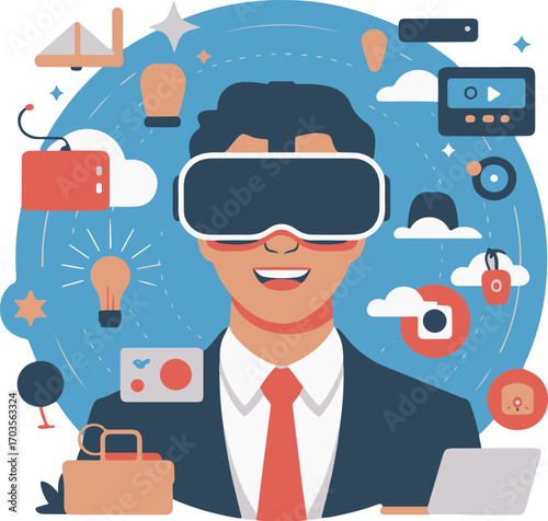 Man wearing vr headset experiencing futuristic digital world with technology icons and globe background vector . eps