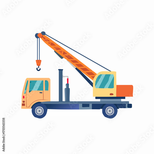 Crane Truck Illustration in Flat Vector Industrial Construction Vehicle Design
