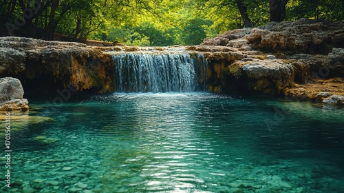 Jungle Waterfall Natural Landscape, Green Background Mobile Wallpaper, Hyperrealistic Detail, Water Flow And Vegetation, AI Generated Art.