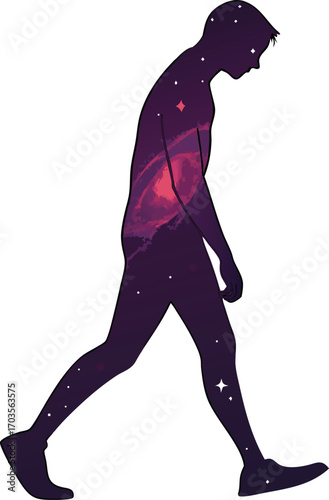 Stunning cosmic human silhouette exploring existence, walking with galaxy inside, astral being concept