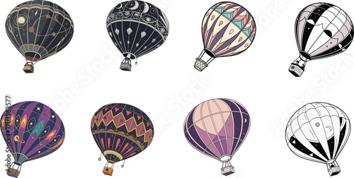 Vintage hot air balloon collection for travel adventures and whimsical designs, originally scalable vector graphic