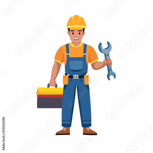 Male Construction Worker with Toolbox Illustration in Flat Vector Industrial Design
