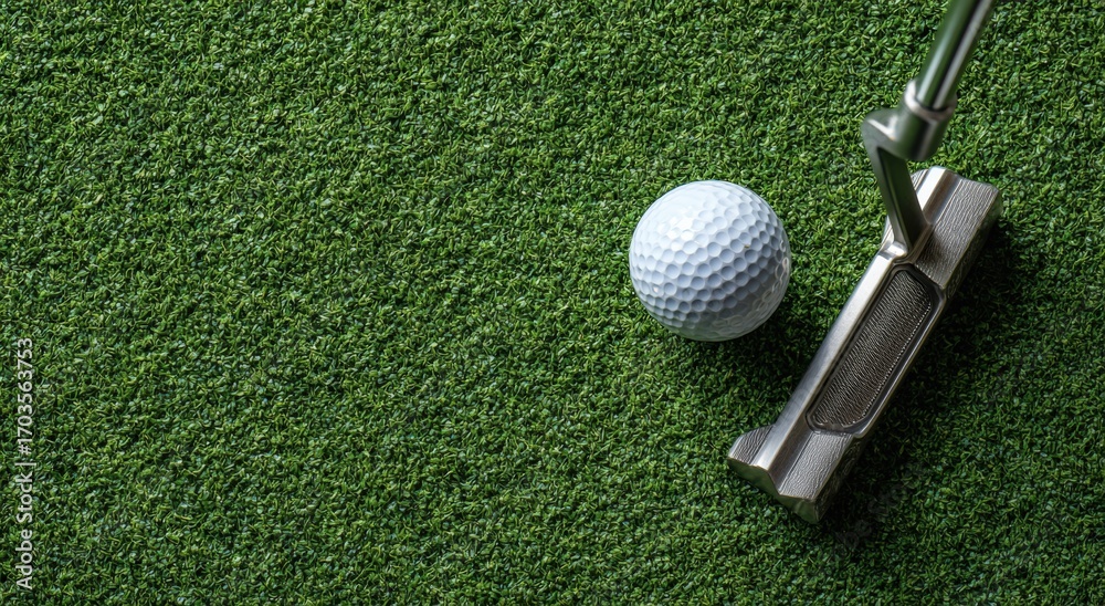 Obraz premium Golf ball and putter on artificial turf (2)