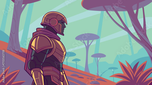 Futuristic warrior standing guard in a stylized alien forest landscape illustration