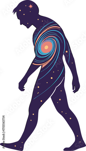 Cosmic human figure walking, universe inside, a modern silhouette, abstract concept, deep thought and identity
