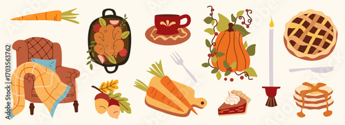 Autumn vector elements set. Cozy fall doodle sticker. Hello fall greeting or pattern. Isolated background. Thanksgiving invitation Illustration in the cartoon style.