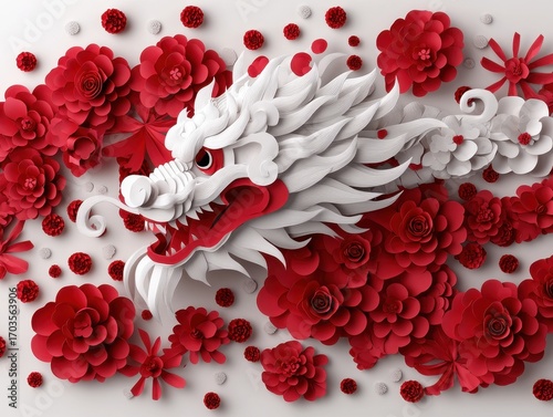 Detailed Paper Cut Art of Dragon Dance Performer with Flowers
