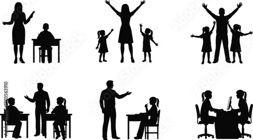 teacher student interaction silhouettes, parent child education teamwork, classroom learning concept, teacher guiding student, happy family teaching children, education success concept, teacher 