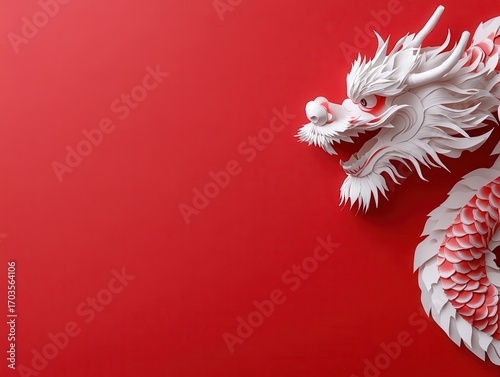 Detailed Paper Cut Art of a Dragon Dance Performer Against Red Background