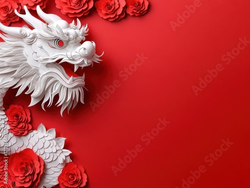 Detailed Paper Cut Out of a Dragon Performer with Red Flowers