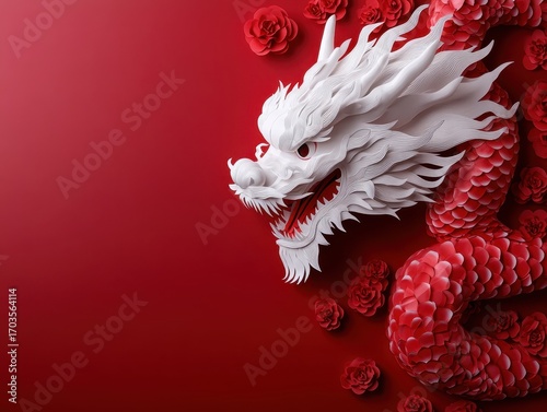 Exquisite Paper Cut Art of Dragon Dance Performer Against Red Background