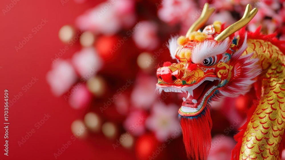 Naklejka premium Colorful Dragon Dance Scene with Costumes and Festive Background