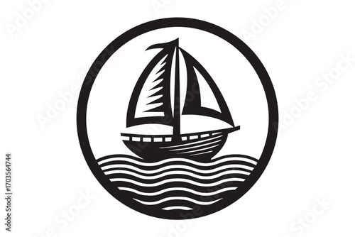 A sailboat gracefully navigates the ocean waves within an oval black and white artwork