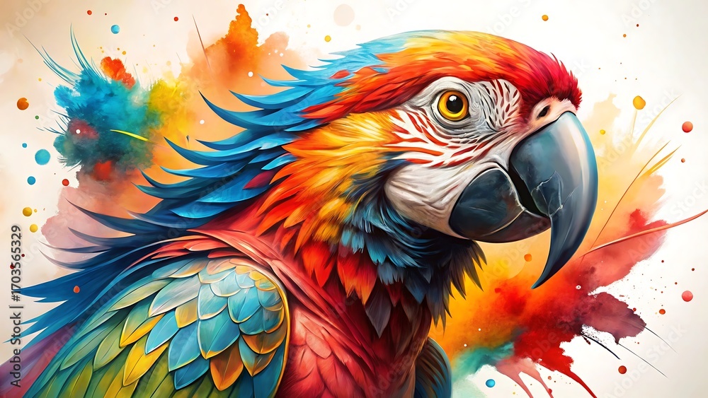 Obraz premium Vibrant macaw parrot portrait with colorful powder explosion, closeup, detailed feathers, artistic, bright colors, tropical bird