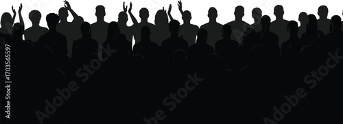 Silhouette Vector Illustration of Large Crowd Audience Applauding and Cheering People Standing Together at Event or Concert