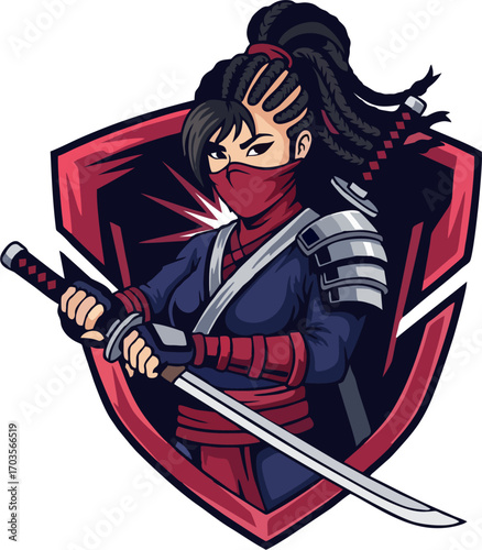 Braided Female Ninja Warrior with Katana Sword and Armor Esports Vector Mascot