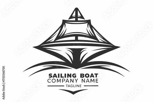 Abstract sailboat sails proudly with bold lines above the water in simplistic monochrome
