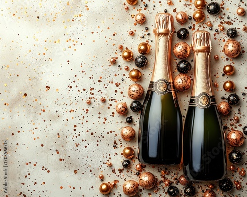 Festive champagne bottles, confetti and decorative spheres on a textured background