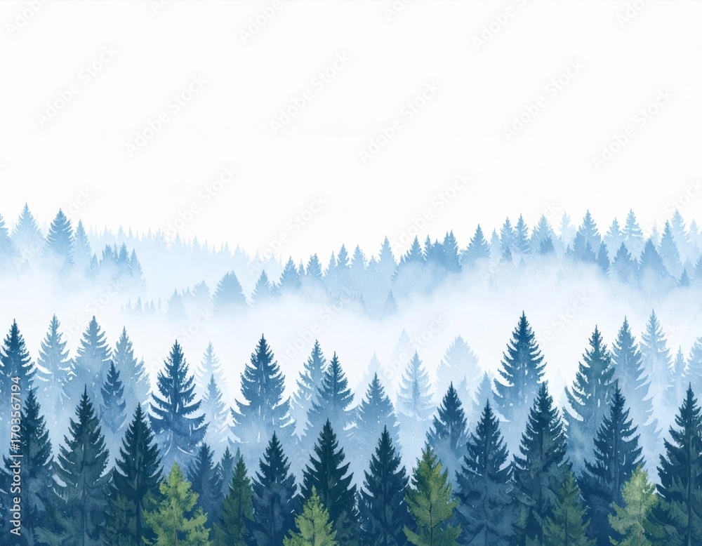 Fototapeta premium Serene Misty Pine Forest Landscape in Watercolor Art with Green and Blue Hues and Winter Atmosphere