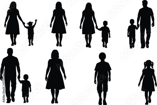 Silhouettes of parents and children walking together, holding hands, family bonding, motherhood, fatherhood, childhood, parenting, love, care, connection, unity