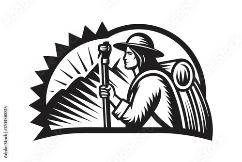 Backpacker with hat and staff ascends mountainous terrain, a black and white artistic depiction