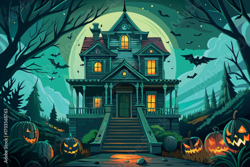 Spooky haunted mansion with jack o lanterns and bats under a full moon