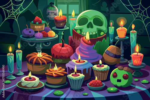 Spooky halloween dessert table with skull and candles
