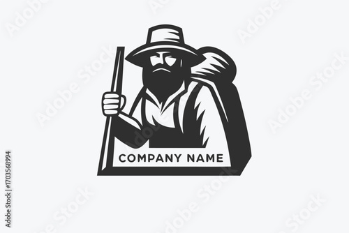 Bearded man with hat holding staff and pack travels in black and white design
