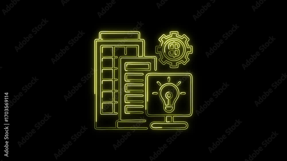 Glowing neon Silicon Valley icon animation with black background. HD technology startup hub video loop