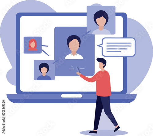 Man interacting with virtual team on laptop screen in a digital communication setting online now today