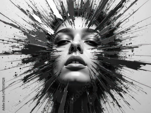 Artistic portrait of a woman with an abstract paint explosion effect, conveying emotion and creativity